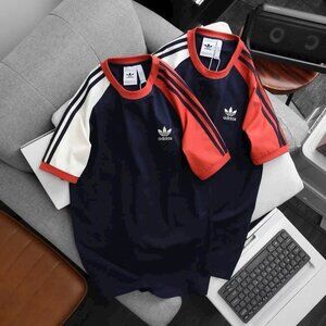 Adidas Classics Original 3 Stripes Tee Shirt Trefoil Retro Men Dark Blue Orange